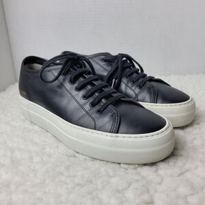 Common Projects Womens Low Top  Platform Sneaker Size 6 Black Leather Shoes
